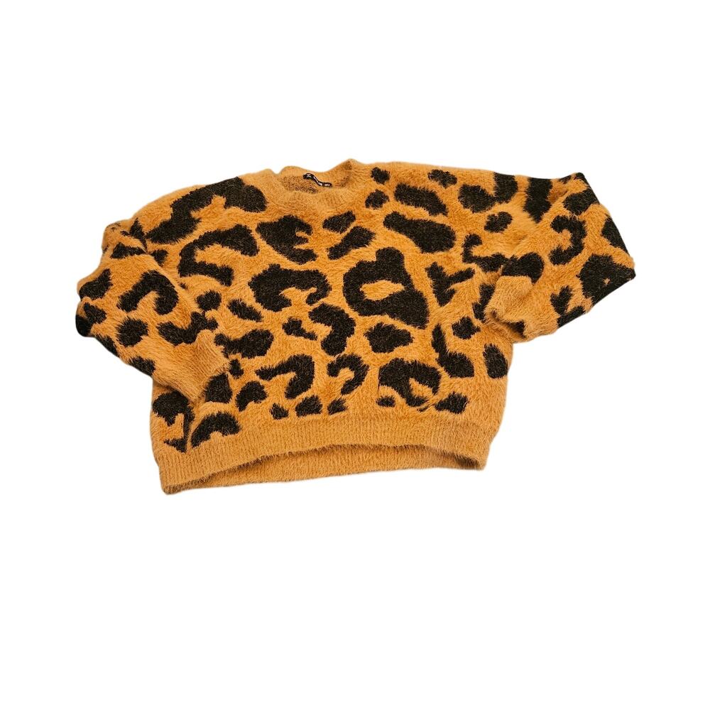SHEIN Fuzzy Leopard Print Cropped Sweater Women’s Small Mustard Eyelash Knit